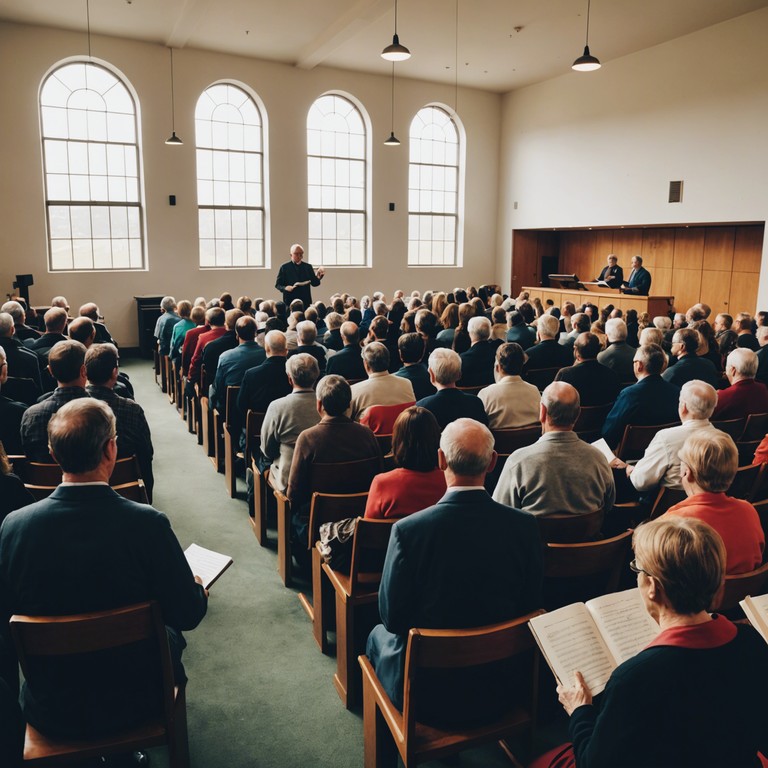 This composition captures the heartwarming essence of a community gathered in a sunlit church, their spirits uplifted by the empowering piano tunes that resonate with the joys of faith and fellowship.