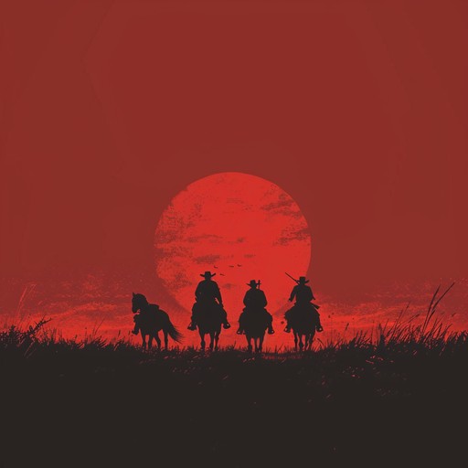 A dark, moody composition depicting the midnight ride of bandits through the barren desert, highlighted by aggressive electric guitar and pulsating beats creating an edgy atmosphere.