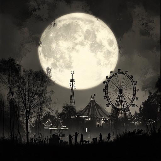 An eerie, yet festive, nocturnal procession with deep, haunting melodies blending carnival and gothic elements, creating an atmosphere of mysterious celebration under the moonlight