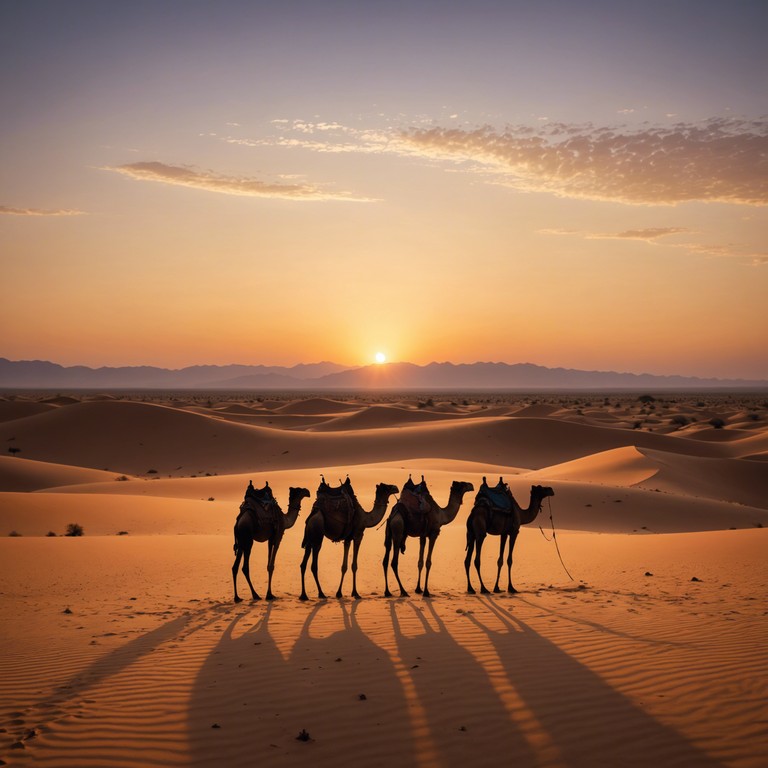 A haunting melody plays as the sun sets over endless sand dunes, evoking images of ancient caravans moving silently under a vast desert sky. The song uses traditional middle eastern scales to transport the listener to another time and place, filled with mystery and enchanting stories of old.