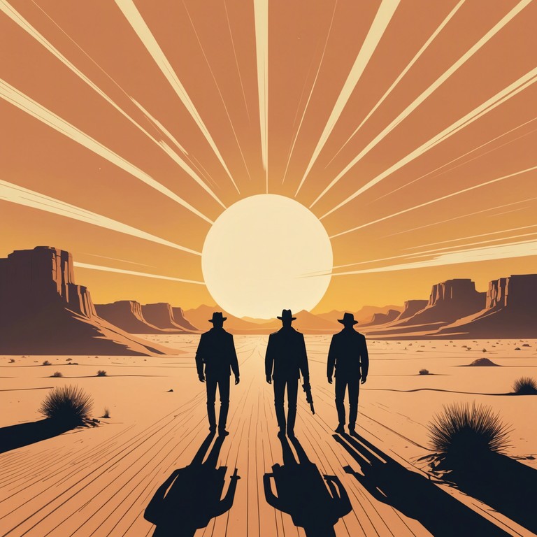 A high tension composition capturing the essence of a standoff in the vast, unforgiving desert. Electric guitars dominate, backed by powerful drums, invoking the solitude and peril of the wild west. Perfect for a cinematic scene where tension is paramount.