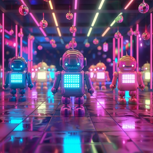 An engaging and high energy track that blends retro and futuristic sounds, offering a fun and upbeat experience reminiscent of a robot dance celebration. The song features catchy synthesizer leads, bouncy rhythms, and playful sound effects that evoke a sense of joyous techno nostalgia.