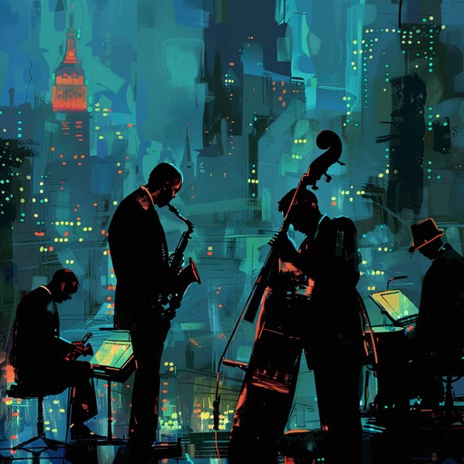 An exuberant jazz track encapsulating the vibrant essence of urban nightlife. The spirited trumpet leads with energetic bursts, harmonized by lively piano, creating an atmosphere of excitement and movement. Bass and drums provide a dynamic backbone, escalating the track's buoyancy and uplift.