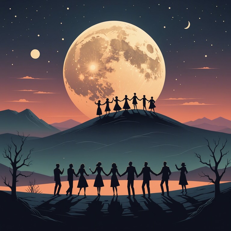 In this soundtrack, 'moonlit apparition waltz' captures the essence of a spectral dance held under a silver lit sky where each note drags the listener deeper into a world where shadows govern the night. The music contours the mystical figures flitting within the dimly lit desert plains, making each step feel like a journey through an ethereal, otherworldly ball.