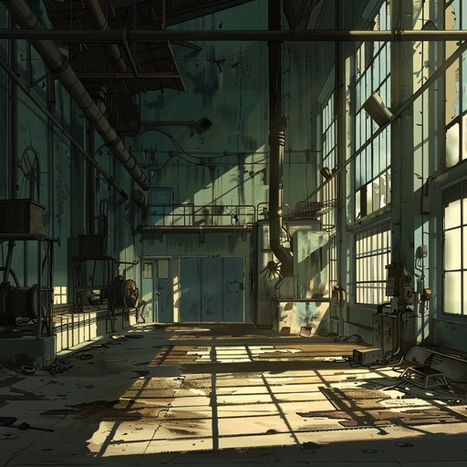 A dark, mechanical soundscape filled with distorted guitar riffs, ominous synths, and relentless percussion to create an unsettling auditory experience reminiscent of an abandoned factory.