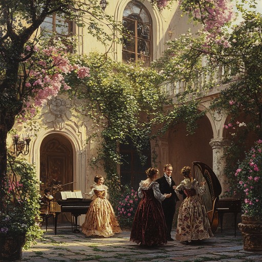 An upbeat instrumental featuring harpsichord and strings in baroque style, evoking the carefree and joyful atmosphere of a garden gathering. The piece conveys feelings of happiness and lightheartedness, embodying the essence of baroque festivities under the sun.