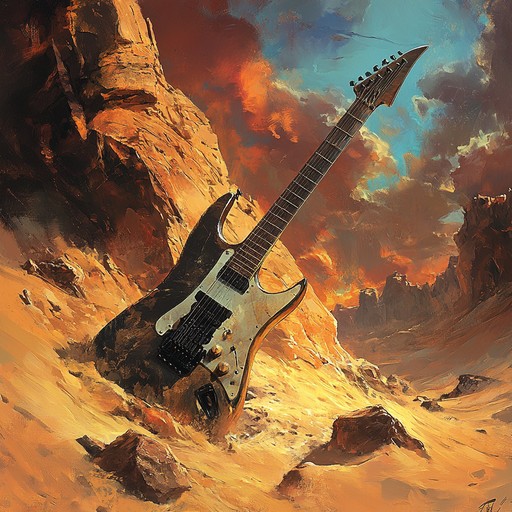 Intricate heavy metal guitar riffs blended with middle eastern melodies, resulting in a powerful and haunting instrumental piece reminiscent of epic desert battles