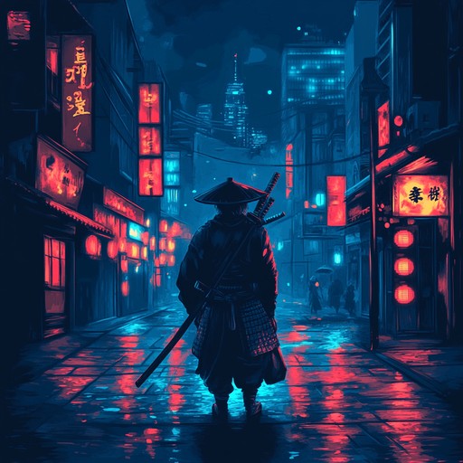 Vivid scenes of samurai battles unfold under neon city skylines, blending traditional japanese sounds with modern urban rhythms. Intense beats drive the story of a lone samurai determined to reclaim honor in a dazzling yet dangerous metropolis. The energy pulsates through the 80s inspired synths and traditional instruments.