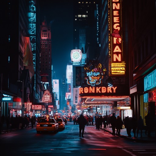 A vibrant, uptempo instrumental combining big band brass, lively percussion, and jazzy piano to evoke the excitement of broadway under city lights