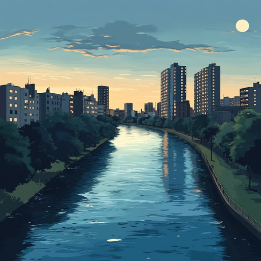 An instrumental hip hop track with soothing basslines and background water sounds, creating a tranquil ambience that immerses the listener in a calming urban river setting