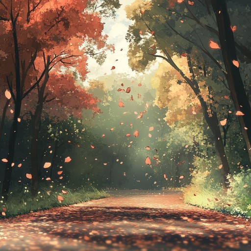 An instrumental piece that combines gentle piano and soft strings to evoke the peaceful atmosphere of a serene autumn day in an anime setting, capturing the essence of falling leaves and calm breezes