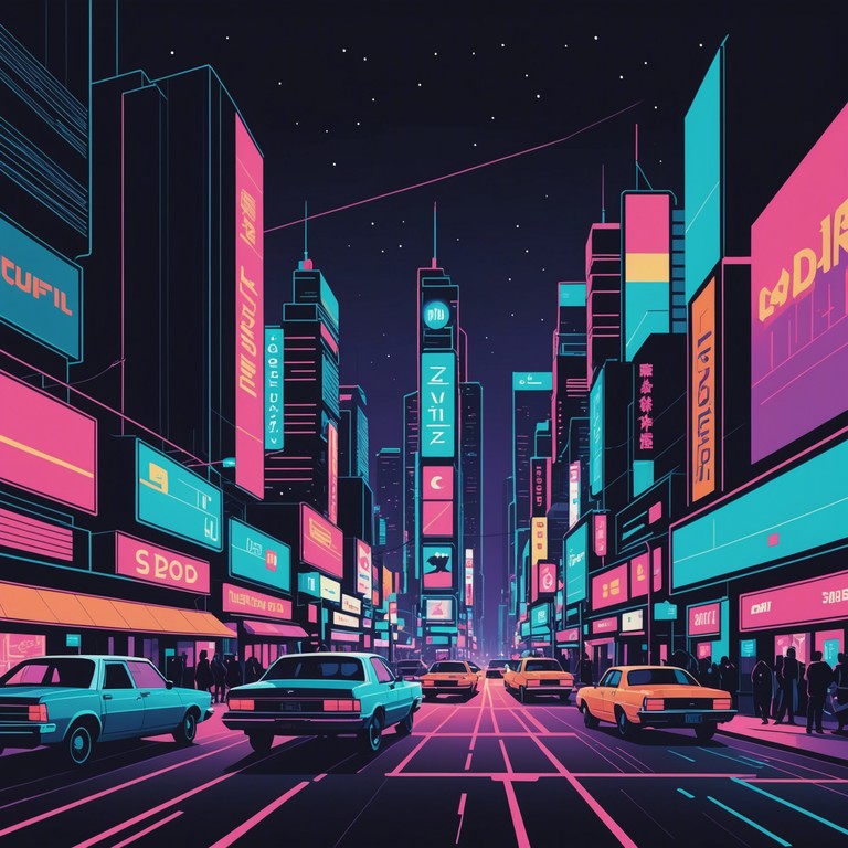 Imagine walking through a cityscape where neon lights meet futuristic technology, all synthesised in a melody that captures the essence of a vibrant, futuristic city with a lively night culture. This tune blends electronic sounds to mimic the buzz of energy and the whisper of secrets passing through the glowing streets.