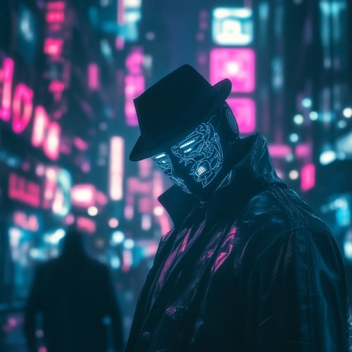 Experience a captivating instrumental journey where pulsating cyberpunk rhythms meet the elegance of vintage theater. Electronic beats blend with classical melodies, creating an atmospheric soundscape that evokes a masquerade ball in a neon lit futuristic city.