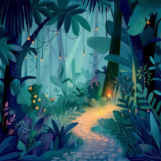 An enchanting instrumental nursery rhyme inspired by the sounds of an exotic jungle, complete with chirping birds, rustling leaves, and mystical melodies to captivate and soothe children's imaginations. Elements of traditional instrumentation blend seamlessly with the ambiance of the jungle, creating a whimsical and surreal auditory experience.