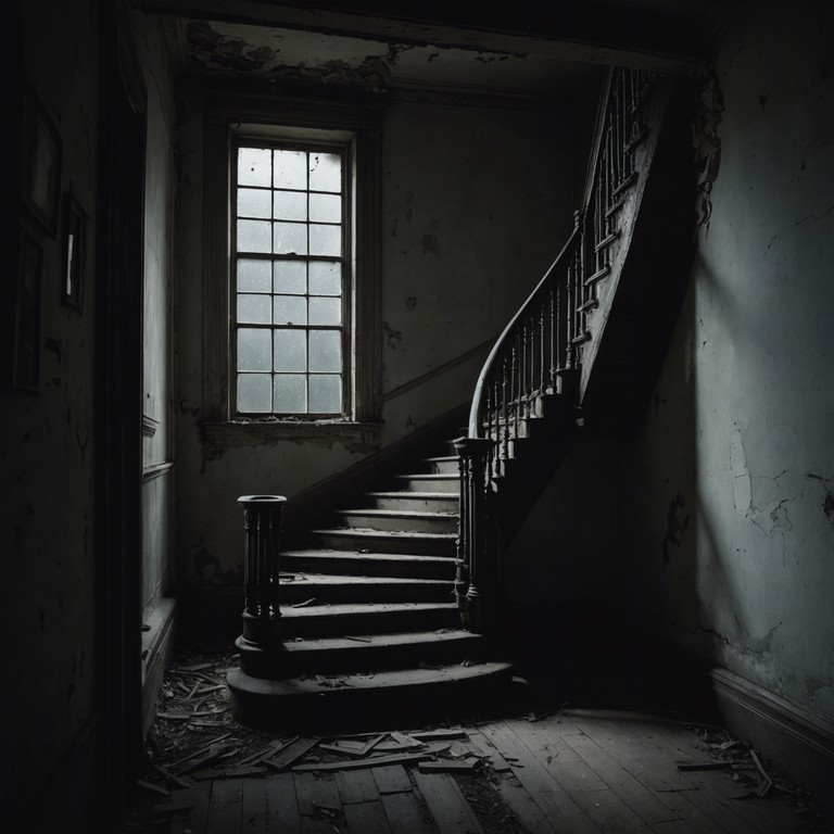 In a decrepit victorian house, ghostly whispers intertwine with subtle, haunting piano keys in dimly lit corridors. Seclusion and sorrow meld in this eerie composition, perfect for setting a somber, haunting ambiance. Collaborative tension between the tangible and unseen fills the air, creating an undeniably captivating auditory spectacle.