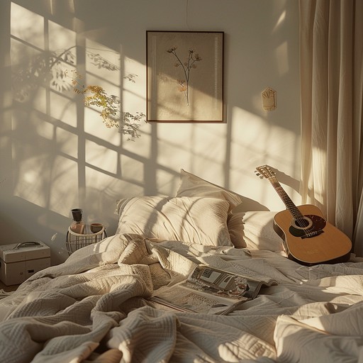 This track features lush, reverberated guitar chords with subtle electronic undertones creating a cozy, dreamlike ambiance that inspires introspection and warmth, perfect for solitary moments in a glowing bedroom. The gentle flow of the music invites listeners to unwind and lose themselves in their thoughts, offering a serene escape from the outside world.