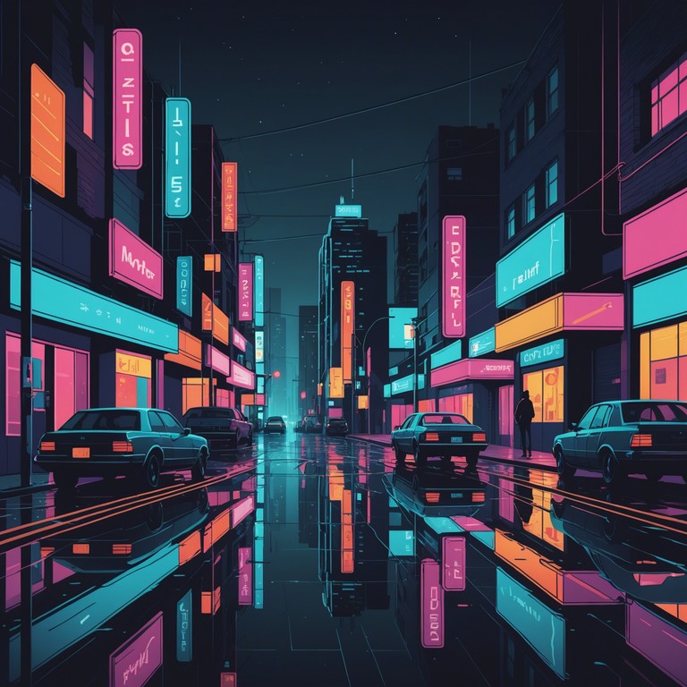 This track portrays a journey through a neon lit cityscape at night, where the glowing lights cast long shadows and the atmosphere is charged with a mysterious, edgy vibe. The music features deep, pulsating rhythms from a synthesizer, creating an immersive soundscape that feels like navigating through an urban dystopia.