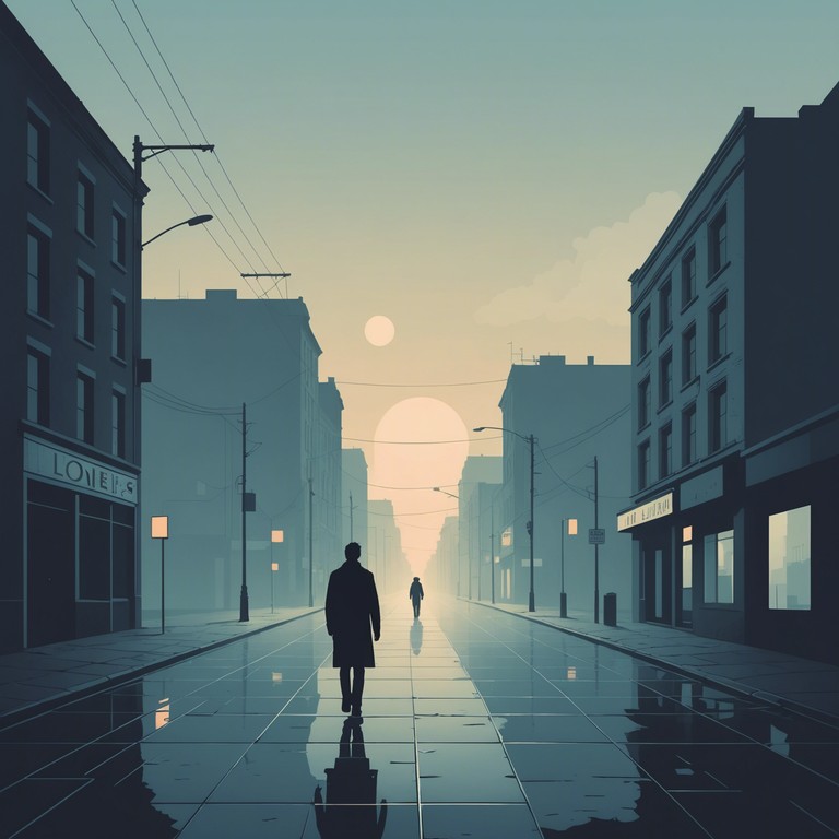 A subtle dubstep track suffused with the feeling of early morning in a deserted cityscape, highlighting low bass tones and intermittent melodic beats that simulate the lonely echo of steps in empty streets.