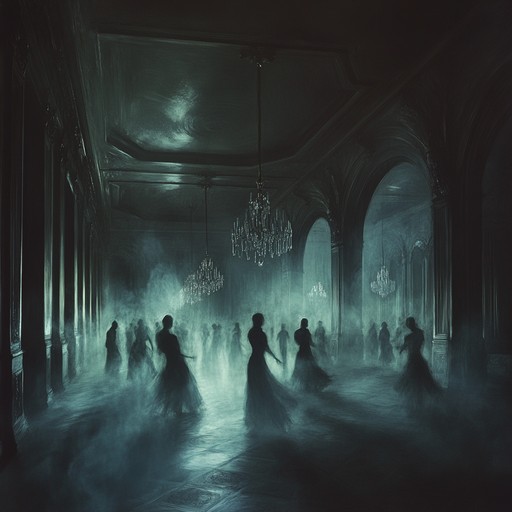 A chilling dance unfolds in a desolate ballroom, where haunting piano notes echo through eerie shadows, creating a mesmerizing blend of unsettling beauty and melancholic nostalgia.