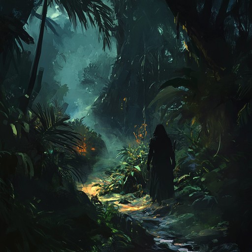 Path through a dense, mist filled jungle where haunting tribal drum beats and distant animal calls cultivate an atmosphere of dread and apprehension. The rhythm grows, immersing the listener in a spectral dance of shadows beneath the towering trees.