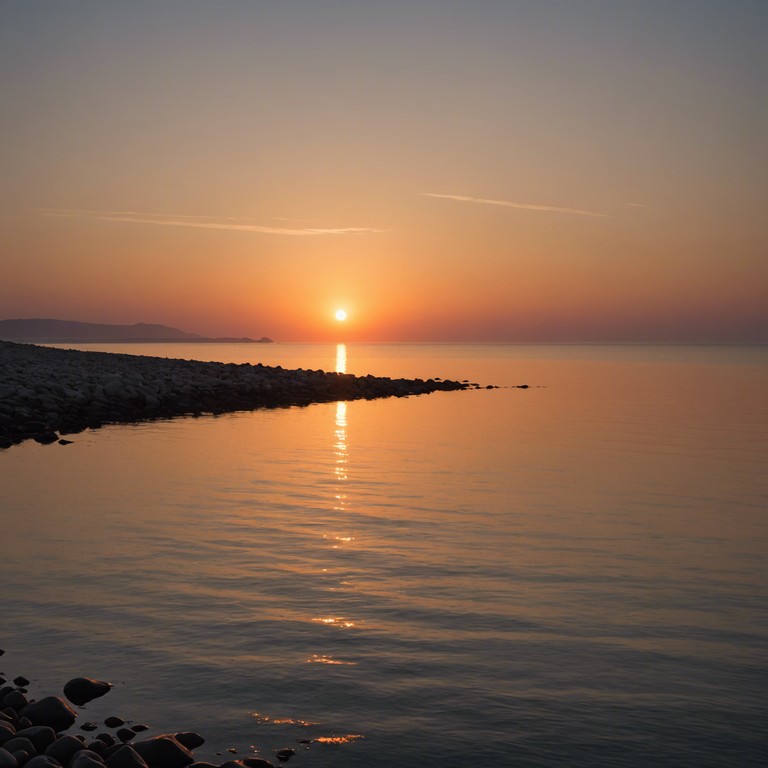 As the sunlight fades and the evening approaches, soft guitar chords blend with the rhythmic sounds of the ocean, serenading the listener with a melody that encapsulates the calm and beauty of a coastal retreat.