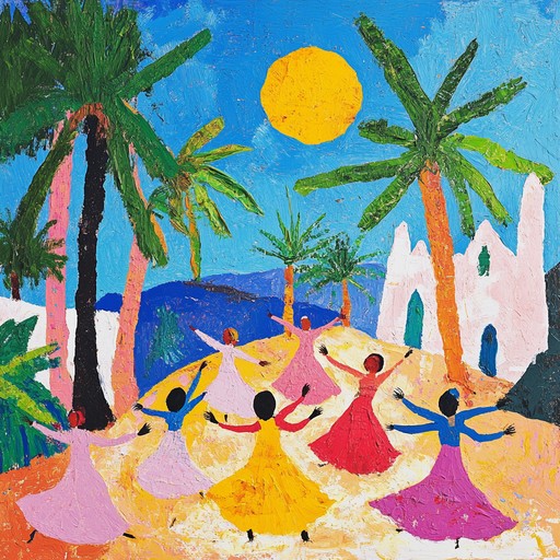 A vibrant instrumental piece featuring traditional middle eastern rhythms and melodies, evoking the joyful atmosphere of a desert oasis festival under the warm sun.