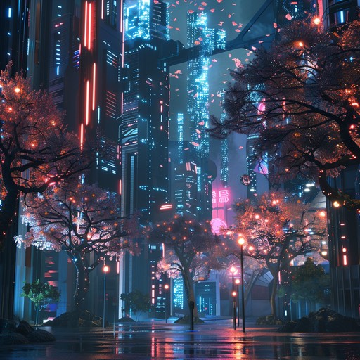 Immerse yourself in a serene ambient track combining soft synthesizers and gentle beats, creating a peaceful haven in the heart of a bustling neon lit cybercity.