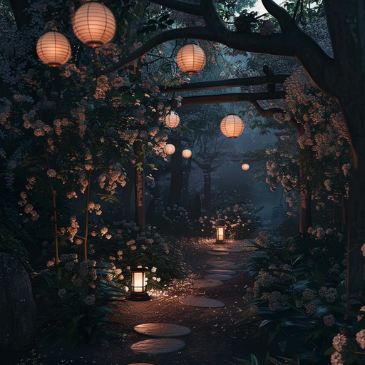 An orchestral composition capturing the essence of a peaceful moonlit garden, with delicate strings and soothing woodwinds painting a serene, contemplative picture. The soft harmonies and flowing rhythms evoke a sense of tranquil introspection and elegance. The music meanders gently like a stream under the moon's gentle light, creating a sophisticated and calming atmosphere perfect for relaxation or reflection.