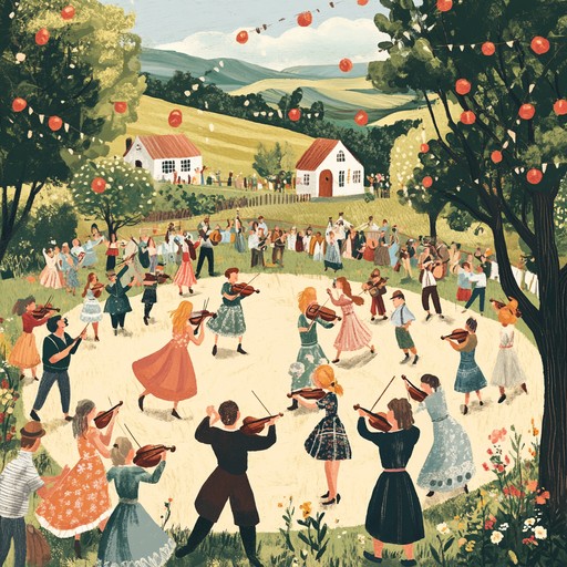 A spirited instrumental folk song featuring joyous melodies on fiddles and flutes, evoking images of cheerful dances at a village fair