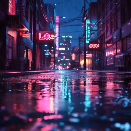 An ambient track blending soothing electronic melodies with soft synth textures, evoking the serenity of a futuristic city bathed in neon lights during a gentle rain.