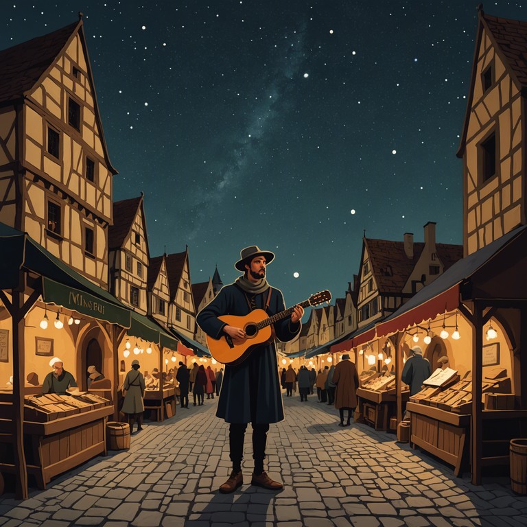 A playful and melodic exploration of medieval and modern musical elements in a troubadour style, where acoustic instruments dance under a starry night sky, evoking tales of old and infusing them with contemporary vibrancy.