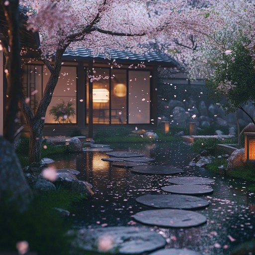 A tranquil instrumental piece that captures the bittersweet feeling of a fleeting cherry blossom season, evoking fond memories of an anime's emotional climax amid the serene ambiance of a twilight garden. A combination of soft strings, gentle piano, and subtle wind chimes transports listeners to a contemplative, nostalgic space.