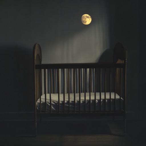 A wistful, slow tempo nursery rhyme featuring gentle, haunting melodies that evoke a sense of loneliness and tender nostalgia. Subtle echoes and distant harmonies create a serene, yet melancholic atmosphere, perfect for a contemplative night time scene.