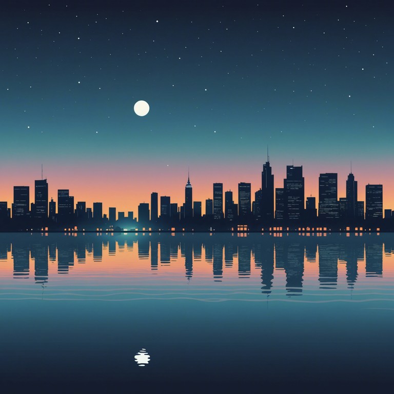 Feel the soft radiance of night time city lights reflecting off tranquil waters, where smooth synth leads create a canvas of soothing soundscapes alongside rhythmic beats and soft dynamic tones, providing a reflective and calming audio journey.