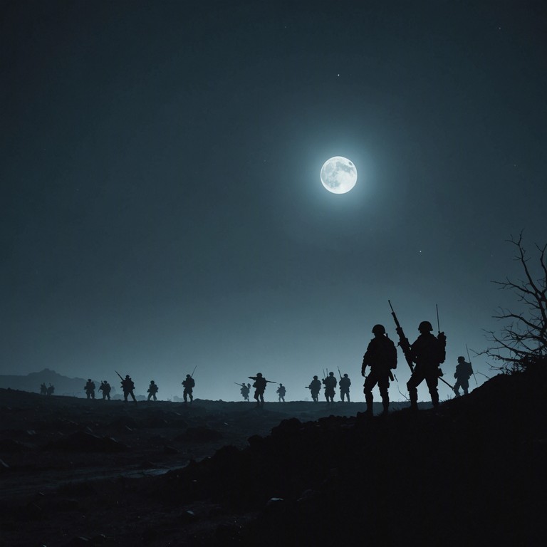 This track represents a slow and threatening procession of shadowy military figures moving stealthily under the cover of night. The barely audible orders echo faintly through deep rhythmic beats, creating an atmosphere of suspense and imminent danger. The song conveys a sense of unstoppable force meeting unprepared victims in eerie silence, broken only by the sound of marching