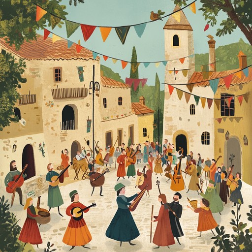 A vibrant instrumental that transports you to a medieval fair, filled with the sounds of cheerful lutes and rhythmic percussion. The melodies weave together to create an atmosphere of joy and festivity, reminiscent of troubadours entertaining crowds during celebrations.