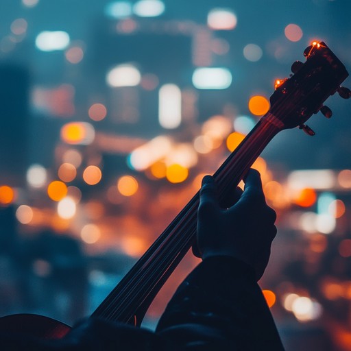 Imagine the twilight over a bustling future city where tradition meets technology. Amidst towering digital billboards and holographic advertisements, the soulful strum of an ancient shamisen resonates, invoking feelings of nostalgia and introspection amid progress.