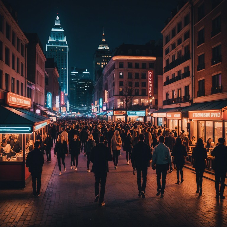 Imagine a modern cityscape lit by the old charm of the 1940s swing era, unified with current musical sensibilities creating a powerful, dynamic backdrop for adventures that span times. The music features bold, swinging big band elements infused with a slight modern touch to capture both nostalgia and contemporaneity.