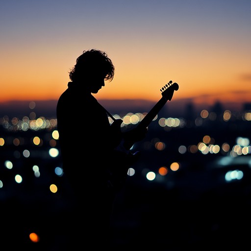 A lone musician plays electric guitar on a rooftop overlooking a neon lit city, expressing the solitude and contemplation found amidst urban commotion. This track echoes the individual's internal monologue, harmonizing with the subtle yet ever present city sounds.