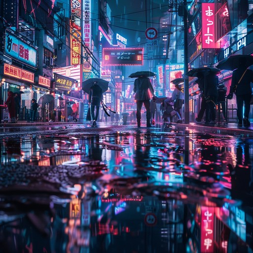 Envision cruising through a rain drenched, neon lit city where towering buildings and holographic billboards dominate the sky. The music merges heavy bass and futuristic synths to create a thrilling cyberpunk atmosphere.