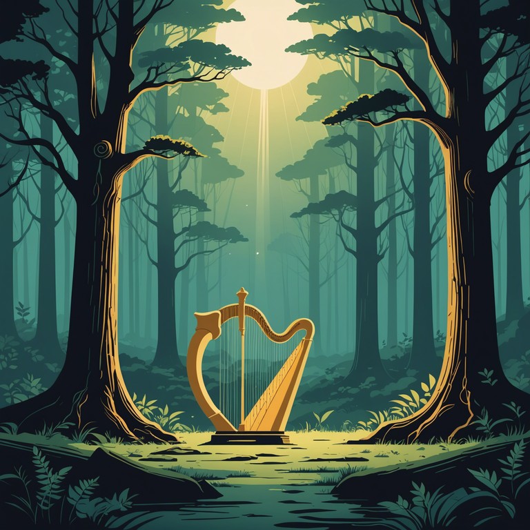 Imagine a serene, magical forest untouched by time, where soft harp strings echo the whispers of nature, enveloping the listener in peace and harmony. The compositions play with the light and shadows of the underlying canopy, telling a story of serene beauty.