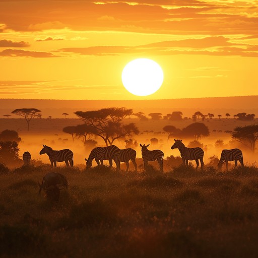 As the first rays of the sun paint the vast serengeti in golden hues, a mesmerizing symphony of life unfolds. The gentle rustling of the tall grass sways in harmony with the soft whispers of the morning breeze. Graceful gazelles leap across the plains, their hooves beating a rhythmic pulse against the earth. In the distance, a lion's powerful roar echoes through the landscape, commanding attention and respect. The trumpeting calls of elephants reverberate through the air, their majestic presence adding depth to the enchanting composition. Playful baboons chatter and howl, their voices intertwining with the melodic chirps of colorful birds flitting among the acacia trees. This awe-inspiring performance showcases the intricate beauty and raw power of african wildlife, inviting listeners to immerse themselves in the captivating essence of the serengeti at dawn.