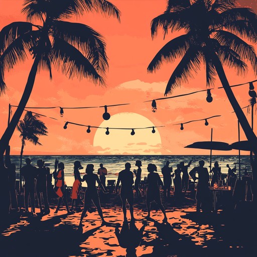 Picture a beach party at sunset where everyone dances to infectious rhythms. The music blends pulsating reggaeton beats with festive melodies, inspiring a carefree atmosphere. The melody emanates from a playful brass section, driving the partygoers into jubilant celebration