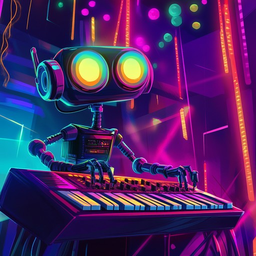 A lively instrumental track featuring funky synth melodies and robotic rhythms, creating a playful futuristic sound perfect for dancing.