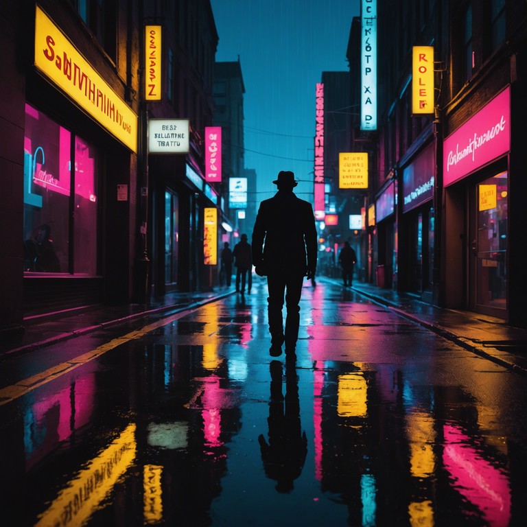 Imagine a cityscape at dusk, the neon signs flickering as the sultry sounds of a distant saxophone echo through the misty alleyways, crafting an immersive cyberpunk atmosphere where futuristic and nostalgic emotions collide, creating a feel of longing amidst an electronic dystopia.