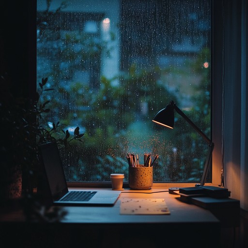 Imagine a soundtrack that encapsulates the peaceful yet introspective mood of looking out a rain soaked window, while gentle lo fi pulses underscore your thoughts, perfect for deep thinking or unwinding after a long day.