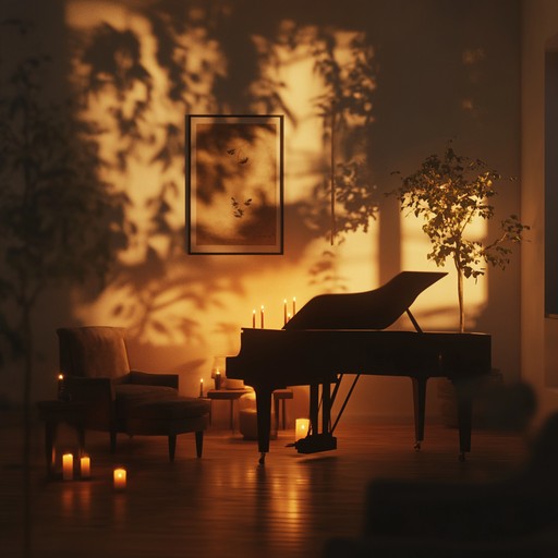 A haunting piano melody echoes through a dimly lit lounge, conjuring feelings of deep reflection and introspection. The subtle background of brushed drums and double bass creates a warm and intimate atmosphere, inviting the listener to lose themselves in thought as the soft notes unfold. The music carries a sense of nostalgia while also feeling timeless, filled with emotive pauses and gentle swells. This is a perfect piece for late night contemplation and dreamy reverie.