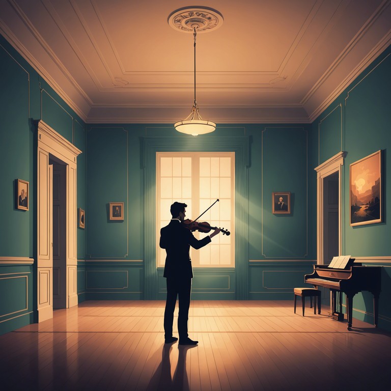 In a dimly lit art gallery, an elegant capriccio piece fills the air, weaving through the shadows created by the soft light touching the artwork. The complex and lively nature of the capriccio captures the essence of mystery and artistry, evoking emotions of intrigue and admiration. A single violin plays with precision and flair, portraying a dance between light and darkness, seen and unseen, much like the brush strokes on a canvas