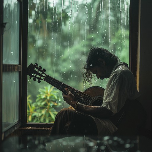 Gentle monsoon rains provide a backdrop for an introspective voyage within oneself. Slow, reflective sitar melodies intermingle with the rhythm of the raindrops, cultivating an atmosphere of deep contemplation, nostalgia, and serene melancholy