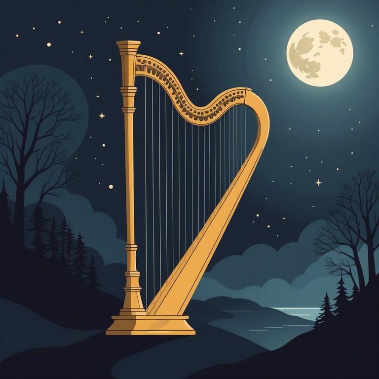 A composition designed to transport listeners directly to a serene lunar scene where the music mirrors the gentle radiance of moonlight reflecting off tranquil waters. The harp’s tones are crafted to mimic the soft ripples in a still pond, reinforcing a sense of peace and serenity.